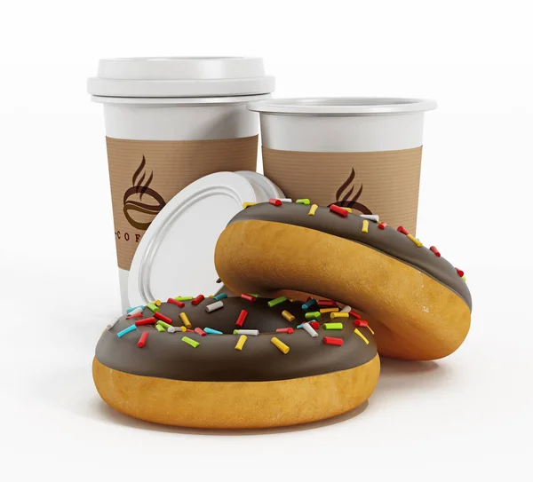 Tazza di caffè e ciambelle isolate su sfondo bianco. Illustrazione 3D — Foto Stock