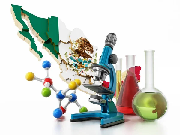 México mapa y herramientas de laboratorio. Concepto de narcóticos. Ilustración 3D — Foto de Stock