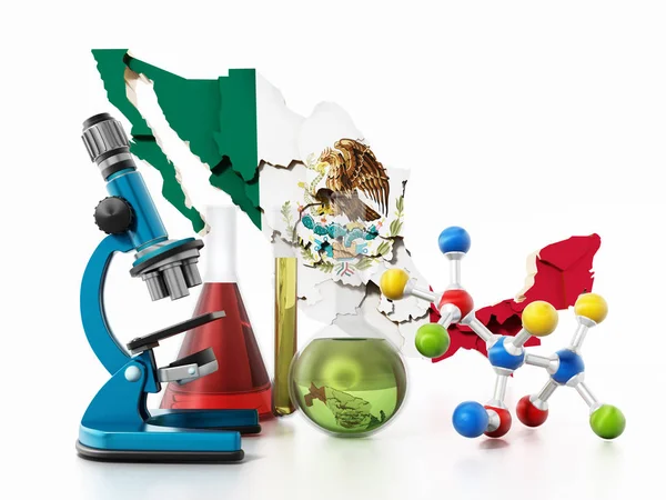 Carte du Mexique et outils de laboratoire. Concept de stupéfiants. Illustration 3D — Photo