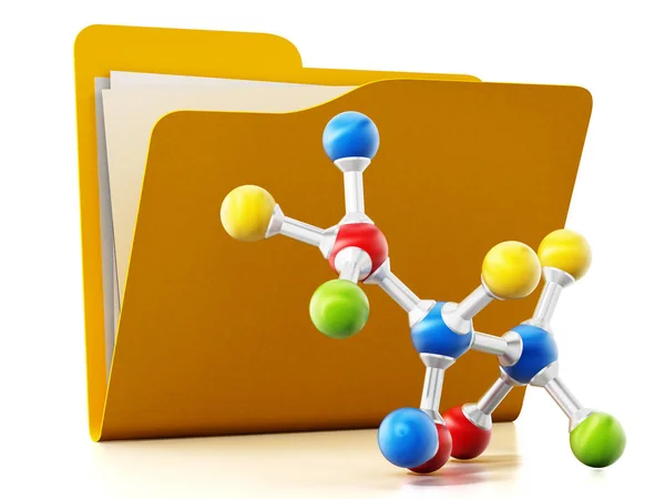 Open yellow folder and multi colored molecule model. 3D illustration — Stock Photo, Image