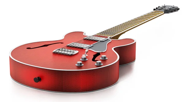 Guitarra eléctrica con acabado de madera roja llameante. Ilustración 3D — Foto de Stock