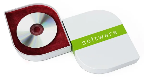Caixa de software com tampa aberta isolada em fundo branco. Ilustração 3D — Fotografia de Stock