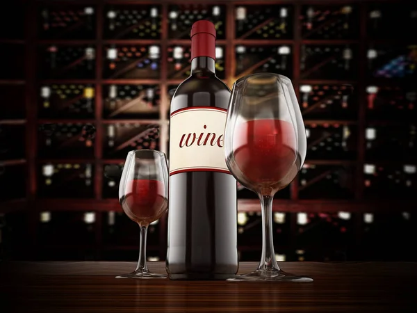 Bottiglia di vino e bicchieri sul tavolo della cantina. Illustrazione 3D — Foto Stock