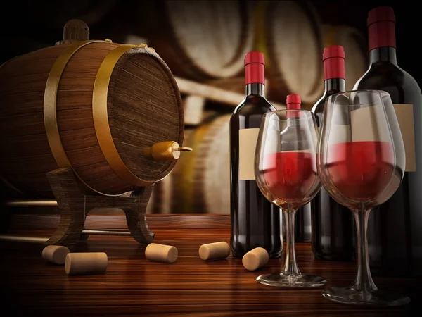 Bottiglia di vino, tappi, bicchieri e botte. Illustrazione 3D — Foto Stock