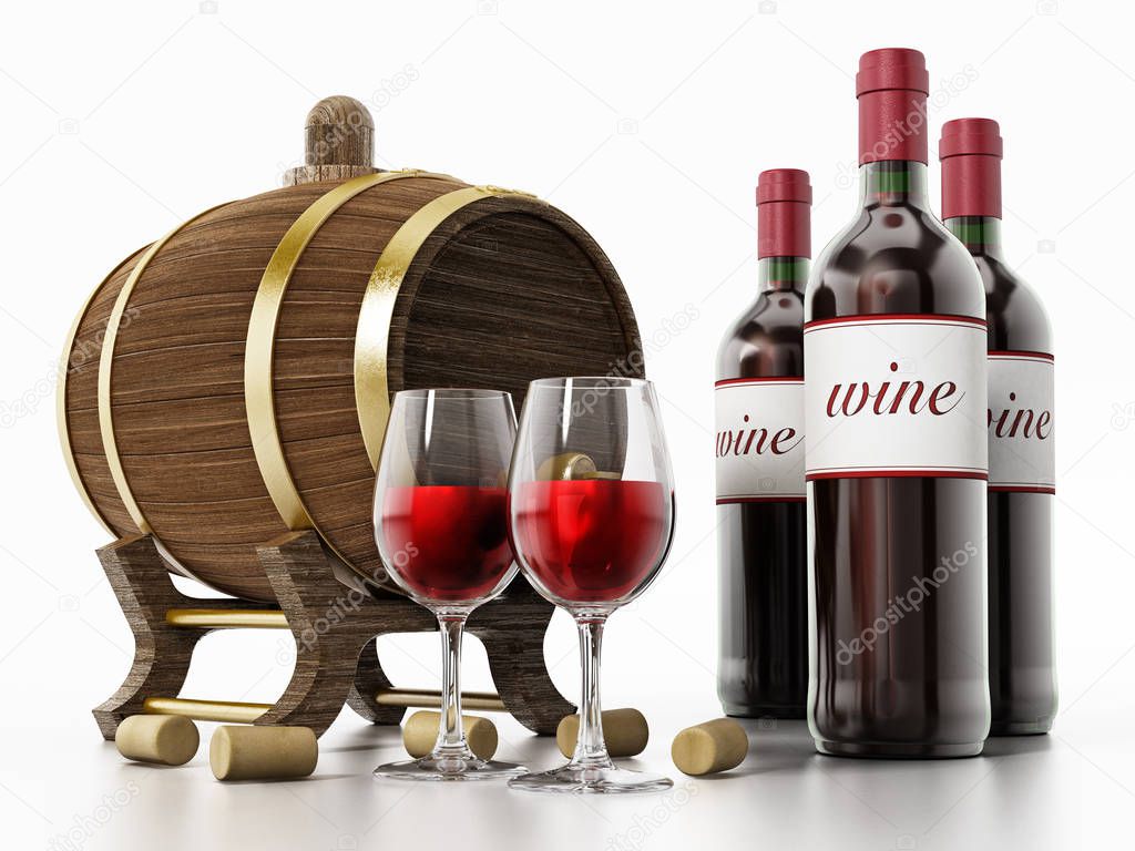 Wine bottle, corks, glass and barrel 3D illustration