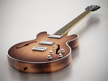 Beyaz arka plan üzerinde izole klasik elektro gitar. 3D çizim