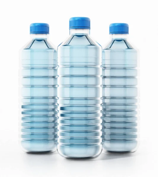 Botellas azules de plástico llenas de agua. Ilustración 3D — Foto de Stock