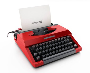Word içinde kırmızı vintage daktilo yazı ile beyaz kağıt. 3D çizim