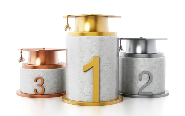 Gouden, zilveren en bronzen mortarboards permanent kolommen. 3D illustratie — Stockfoto