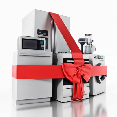 Ev aletleri kırmızı kurdele ile sarılmış. 3D çizim