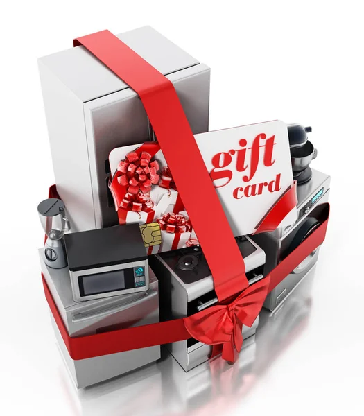 Household equipments and gift card wrapped with red ribbon. 3D illustration — Stock Photo, Image