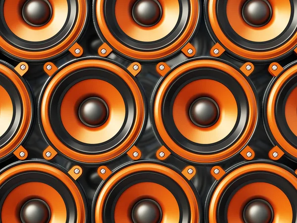 Haut-parleurs audio orange et noir fond. Illustration 3D — Photo