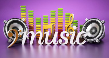 Müzik word, hoparlörler, müzik notlar ve ekolayzer. 3D çizim