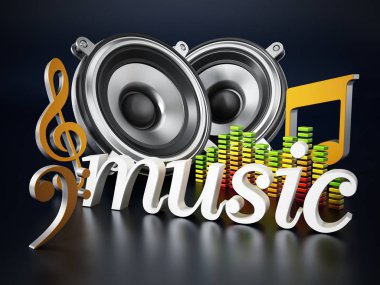 Müzik word, hoparlörler, müzik notlar ve ekolayzer. 3D çizim