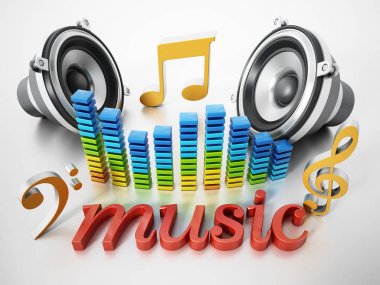 Müzik word, hoparlörler, müzik notlar ve ekolayzer. 3D çizim