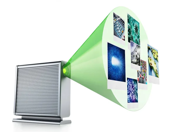 External hard drive with projected photos. 3D illustration — Stock Photo, Image