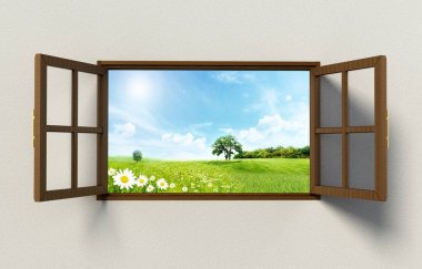 Güzel bir yeşil alan ile açık pencereleri görüntüleyin. 3D çizim