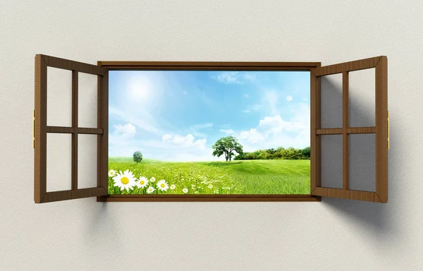 Відкрийте вікна з красивим зеленим видом на поле. 3D ілюстрація — стокове фото