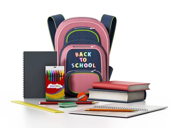 Backpack Σχολείο Και Αντικειμένων Διάσπαρτα Στο Τραπέζι Απεικόνιση — Φωτογραφία Αρχείου