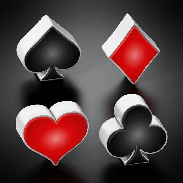 Juego de cartas palos símbolos de pie sobre fondo negro. Ilustración 3D —  Fotos de Stock
