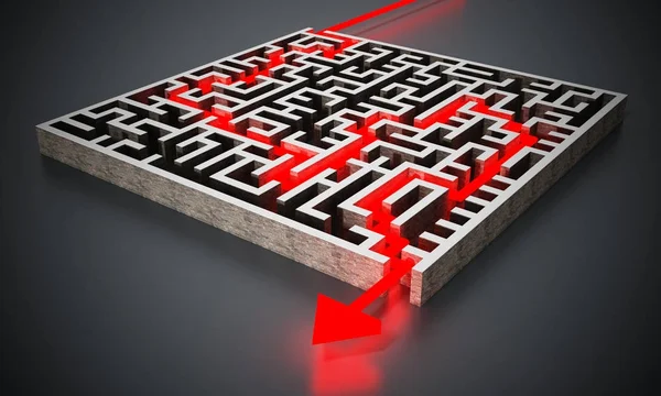 Freccia rossa navigare con successo attraverso il labirinto. Illustrazione 3D — Foto Stock