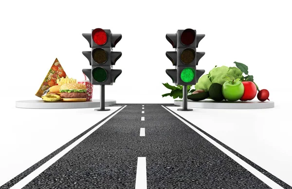 Green light for healthy food and red light for junk food. 3D illustration — Stock Photo, Image