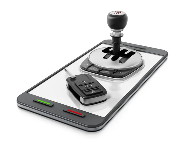 Bil manuell växellåda och nyckel stående på smartphone. 3D illustration — Stockfoto