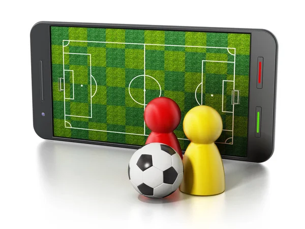 Smartphone with soccer field, football and pawns. 3D illustration — Stock Photo, Image