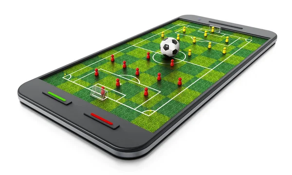 Smartphone s fotbalové hřiště, fotbalové a pěšáci. 3D obrázek — Stock fotografie