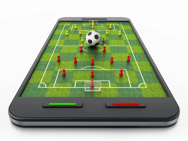 Smartphone with soccer field, football and pawns. 3D illustration — Stock Photo, Image