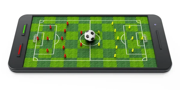 Smartphone ile futbol sahası, futbol ve piyonlar. 3D çizim — Stok fotoğraf