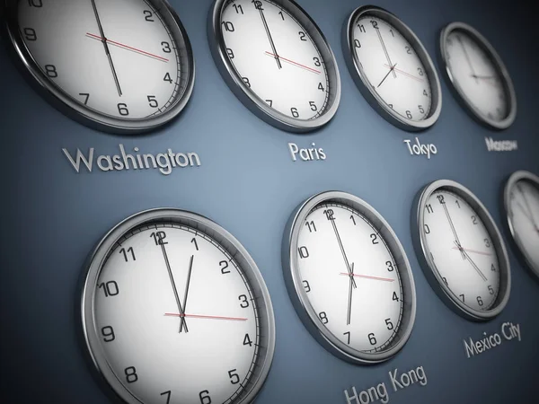 Orologi da parete moderni che mostrano diversi fusi orari delle città del mondo. Illustrazione 3D — Foto Stock