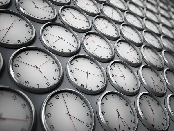 Modern wall clocks showing different time zones of world cities. 3D illustration — Stock Photo, Image