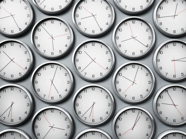 Moderna wall clocks visar olika tidszoner världsstäder. 3D illustration — Stockfoto