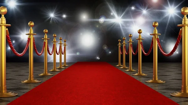 Alfombra roja y cuerdas de terciopelo sobre fondo nocturno de gala. Ilustración 3D —  Fotos de Stock