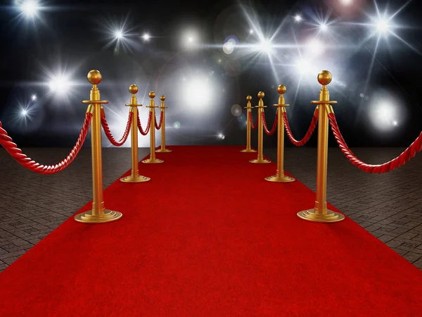 Tappeto rosso e corde di velluto su sfondo serata di gala. Illustrazione 3D — Foto Stock