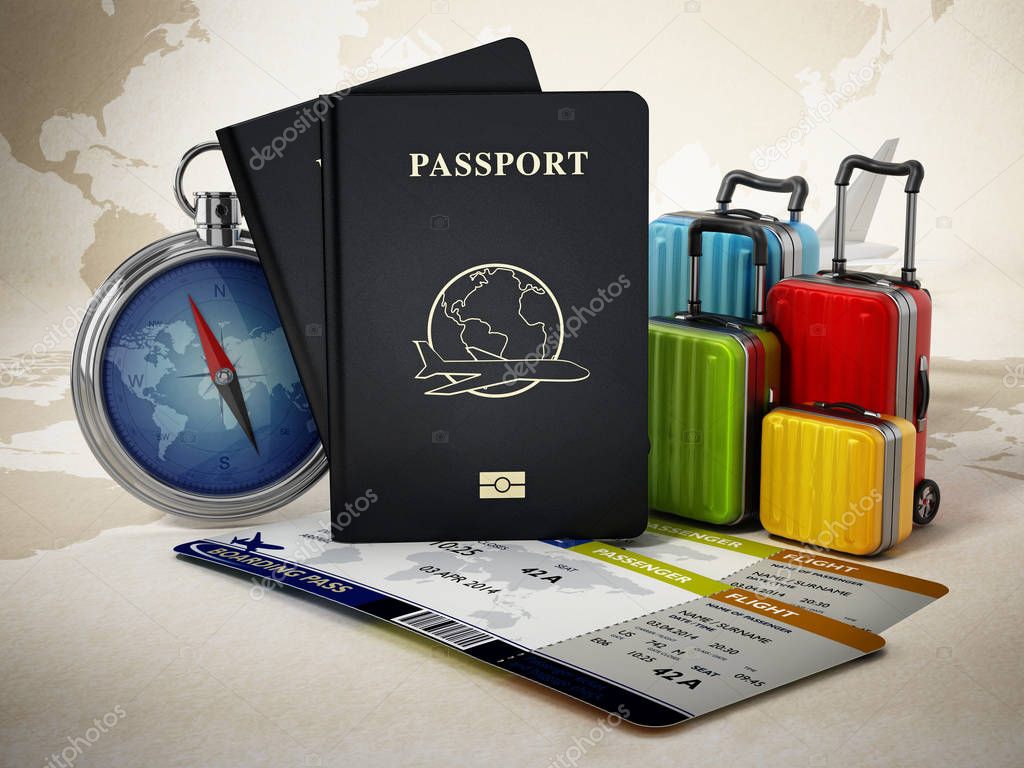 Passports, luggages, tickets and compass on world map. 3D illustration