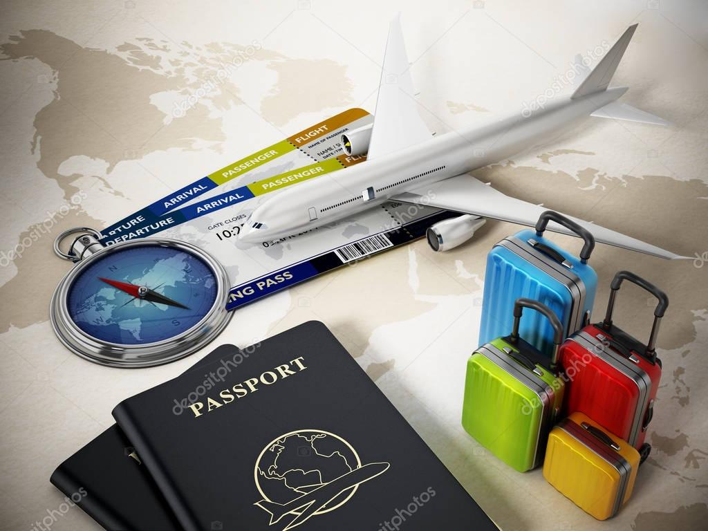 Passports, luggages, tickets and compass on world map. 3D illustration