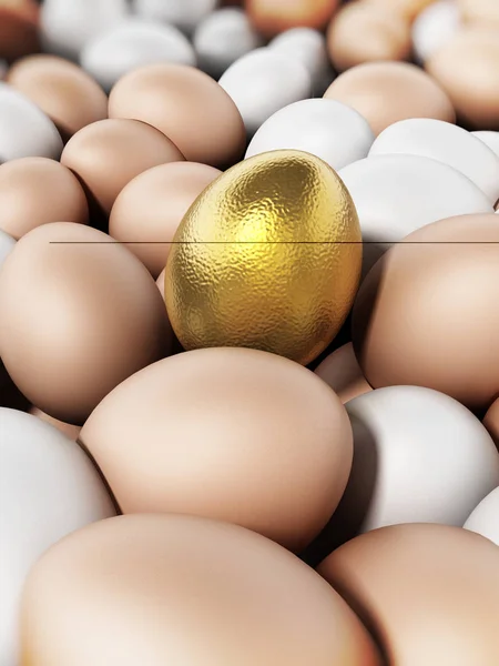 Golden egg standing out among brown and white eggs. 3D illustration