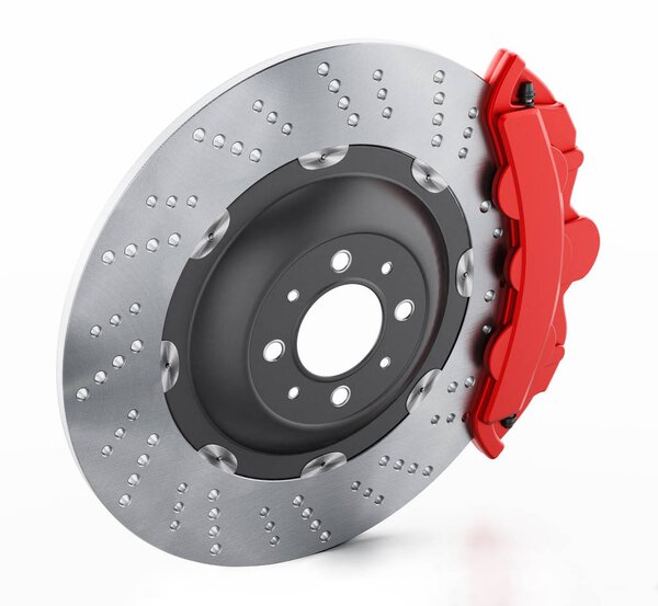 Car brake disc and red caliper isolated on white background. 3D illustration