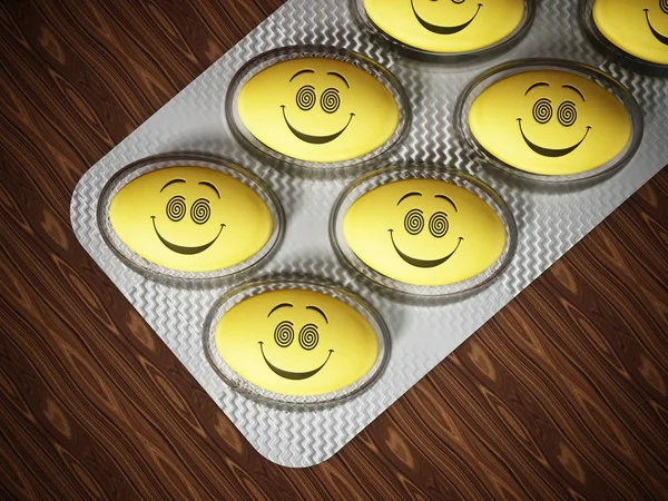 Pilules antidépresseurs au visage souriant. Illustration 3D — Photo