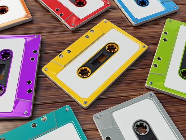 Cassetes de áudio retro multi-coloridas na mesa de madeira. Ilustração 3D — Fotografia de Stock