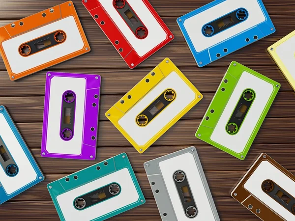 Wielobarwne retro kasety audio na drewnianym stole. ilustracja 3D — Zdjęcie stockowe