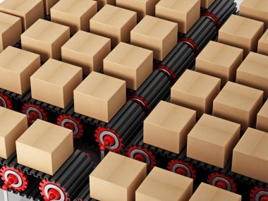 Beyaz arka plan üzerinde izole Konveyör bant üzerine karton kutularda. 3D çizim