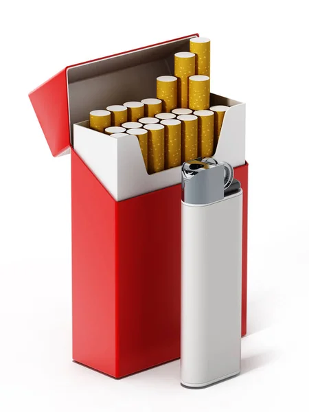Krabičku od cigaret a zapalovač izolované na bílém pozadí. 3D obrázek — Stock fotografie
