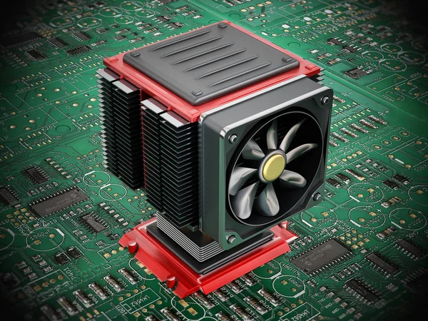 Ventilatore e dissipatore di calore su CPU. Illustrazione 3D — Foto Stock