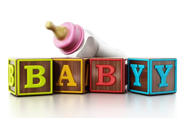 Baby kostki i butelka do karmienia na białym tle. ilustracja 3D — Zdjęcie stockowe