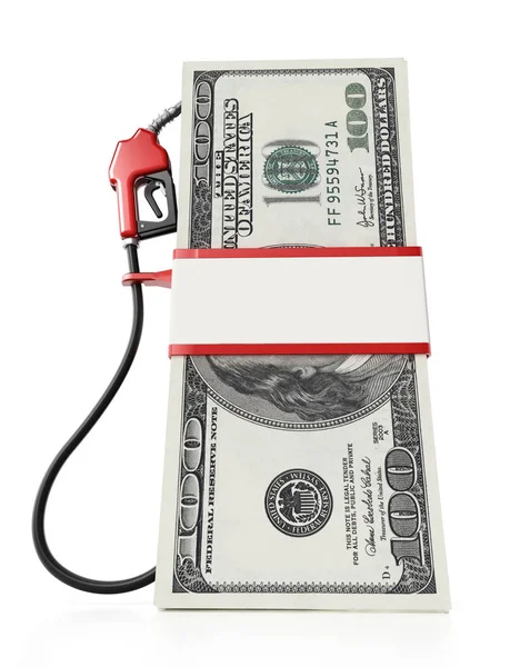 Gas pump attached to 100 dollar bills. 3D illustration — Stock Photo, Image