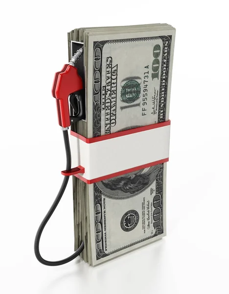 Plyn čerpadlo připojené k 100 dolarové bankovky. 3D obrázek — Stock fotografie