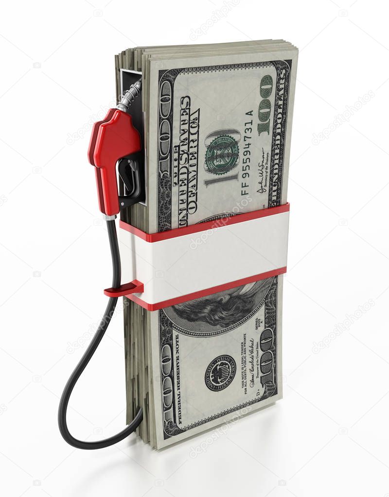 Gas pump attached to 100 dollar bills. 3D illustration